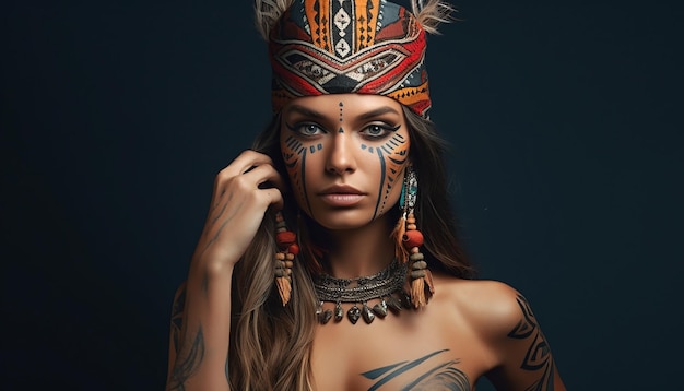 Beautiful realistic female model with painted skin and tribal headwear studio photography