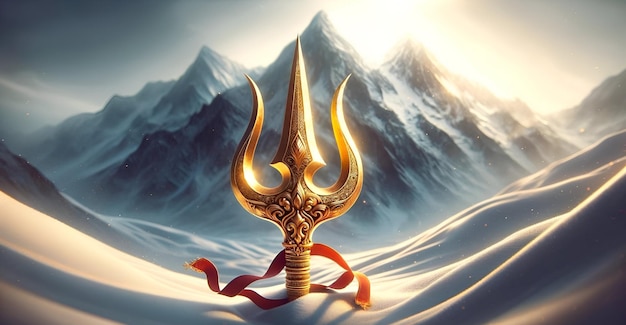 Beautiful realistic illustration of lord shiva gold trident on snowy mountains