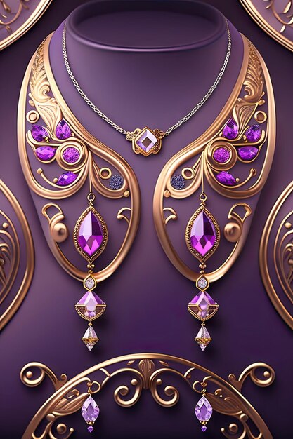 Beautiful realistic jewelry border Light purple crystal and gold filigree
