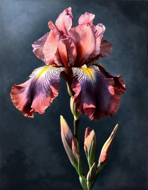 Beautiful realistic light pastel crimsonpink iris on a dark gray background Light falls beautifull