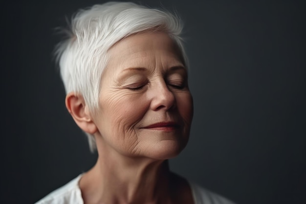 Красивый и реалистичный портрет спокойной белой пожилой женщины с короткими белыми волосами и закрытыми глазами