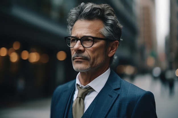 Beautiful and realistic portrait of serious middle aged businessman in elegant suit and glasses walking in downtown area of new york and looking away