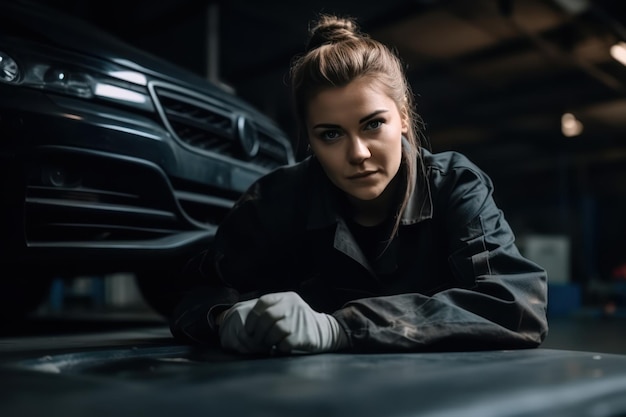 Beautiful and realistic portrait shot of a female mechanic working under vehicle in a car service empowering woman wearing gloves and using a ratchet underneath the car modern clean workshop