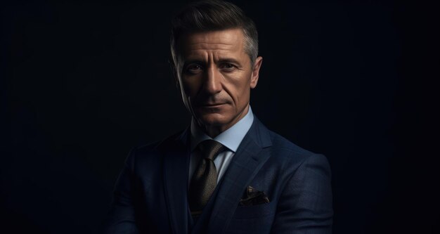 Beautiful and realistic portrait shot of a middle aged businessman wearing suit while standing with arms crossed at dark background