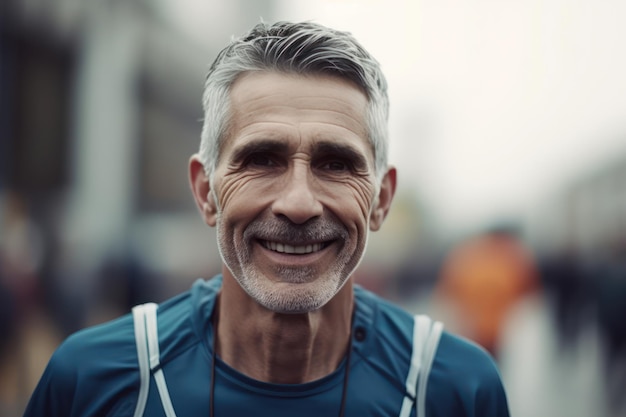 Beautiful and realistic portrait smiling mature male marathon runner with marathon bib on urban street