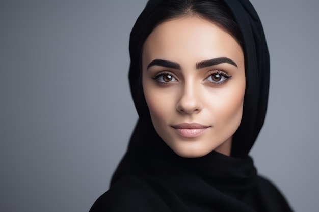 Beautiful and realistic portrait of smiling young arabian girl in black hijab looking at camera on light background widescreen beautiful muslim lady