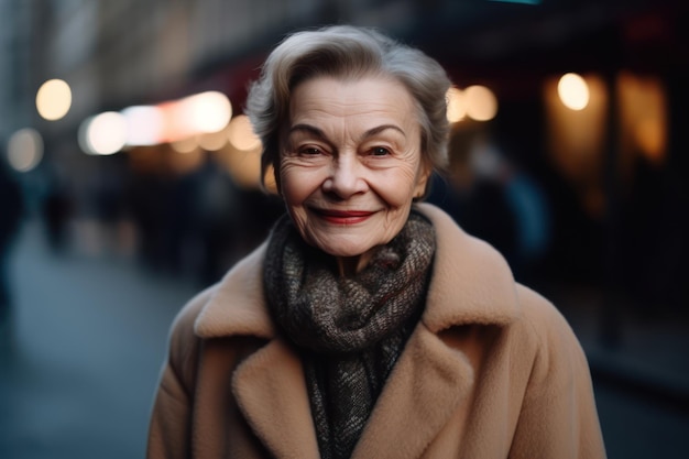 Beautiful and realistic portrait of stylish old lady in coat looking at camera and smiling street on blurred background