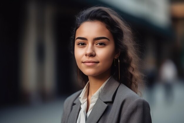 Beautiful and realistic portrait of successful young latin american business woman standing outdoor at corporate office