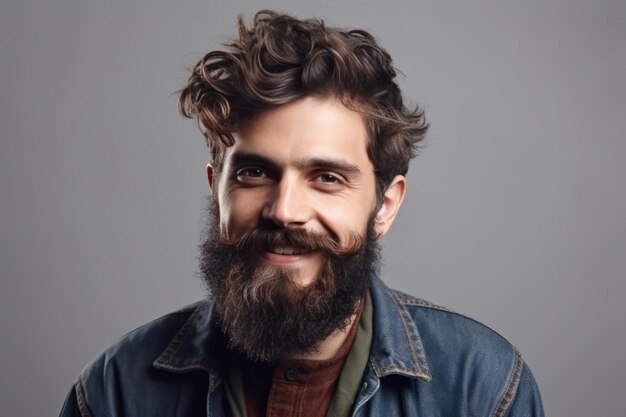 Beautiful and realistic portrait of young handsome softie good looking kind hipster man with beard smiling and looking at camera over white background