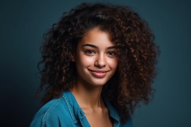 Beautiful and realistic portrait of young smiling woman with curly hair isolated on blue background