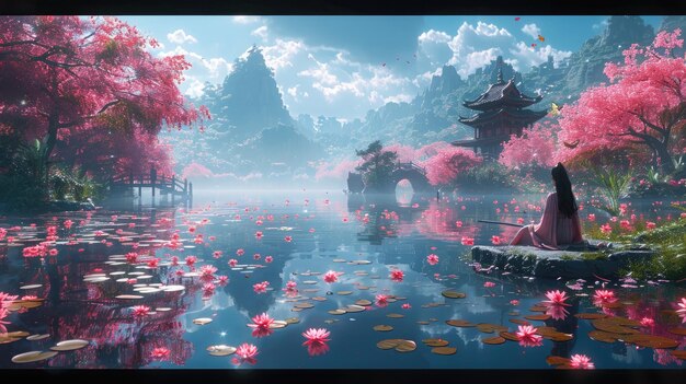 Фото Красивое реалистичное спокойное изображение японского сада