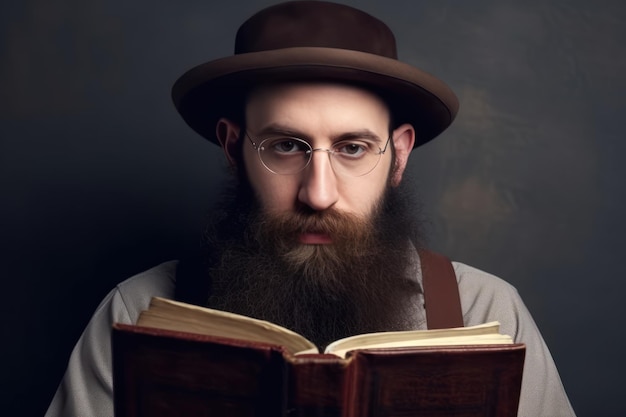 키파를 입고 책 복사 공간을 들고 있는 카메라를 바라보는 수염이 있는 유대인 남성의 아름답고 현실적인 허리까지의 초상화