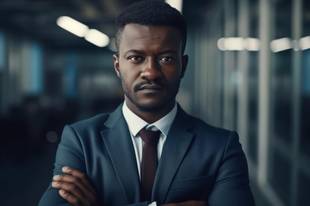 Красивый и реалистичный портрет чернокожего бизнесмена в костюме, стоящего в высокотехнологичном офисном пространстве для копирования