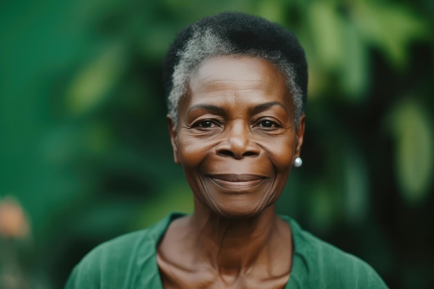 Красивый и реалистичный портрет чернокожей пожилой женщины, улыбающейся в камеру, стоя на зеленом фоне.