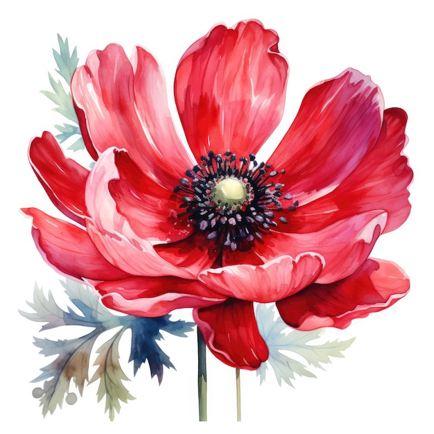 Beautiful red anemone flower on a white background watercolor drawing Generative AI