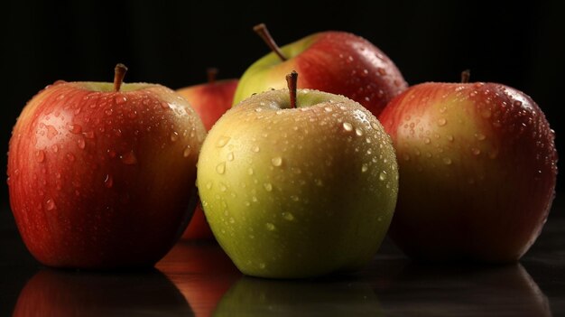 Beautiful red apple on a black background selective focus Generative AI