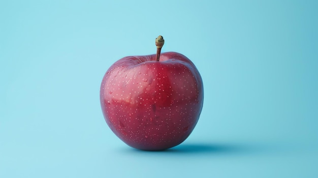 A beautiful red apple on a blue background The apple is smooth and shiny and the light is reflecting off of it