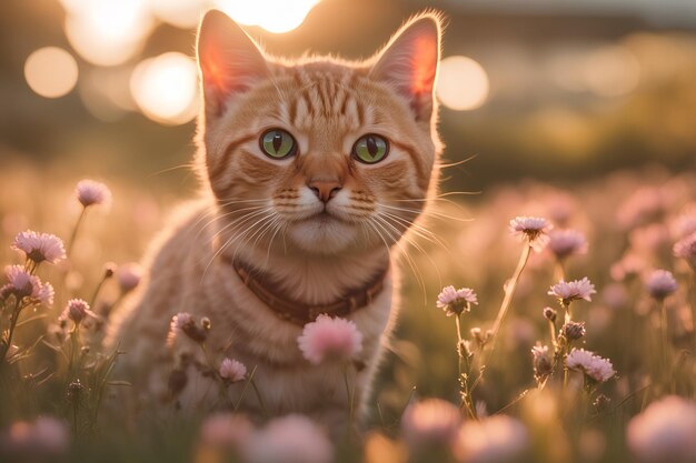 Beautiful red cat with flowers outdoors golden hour