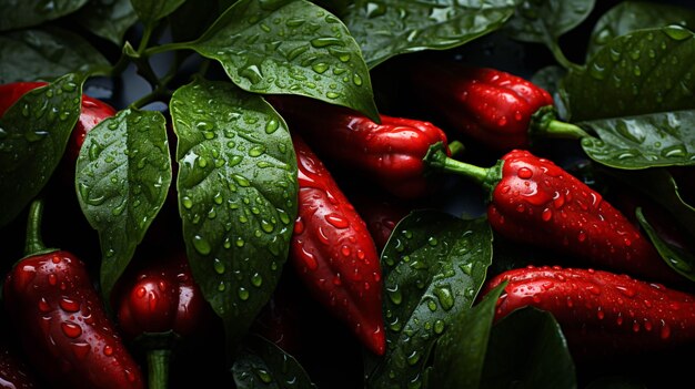 Photo beautiful red chili with leaves pattern background