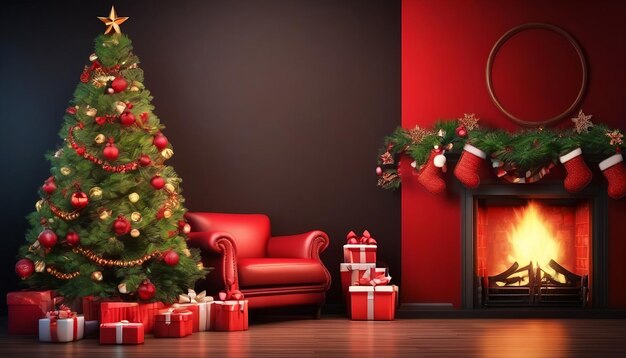 Beautiful red christmas background with a decorated christmas tree in the living room near the firep
