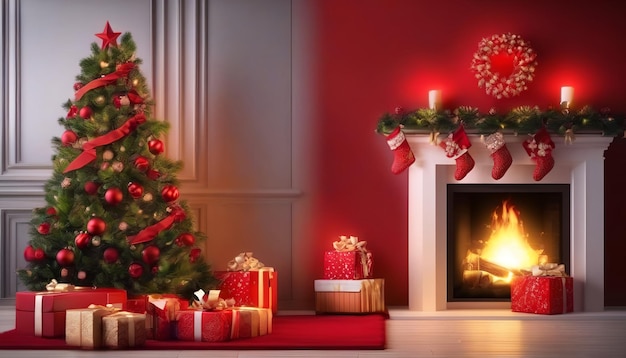 Beautiful red christmas background with a decorated christmas tree in the living room near the firep