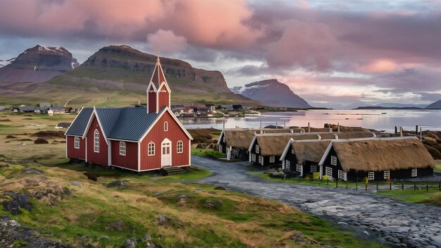 Photo beautiful red church and vik village iceland