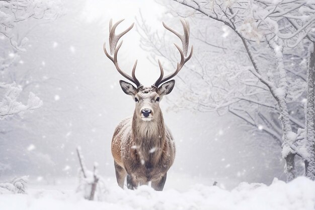 冬の森の美しい赤い鹿