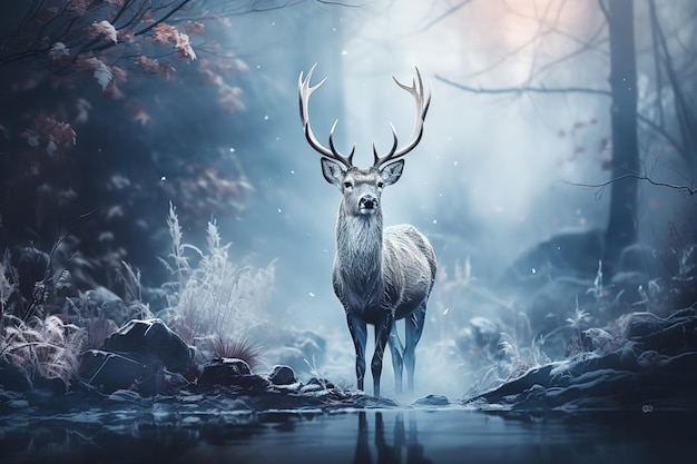 Красивый благородный олень с большими рогами зимой в лесу у реки в туманное утро поколения AI