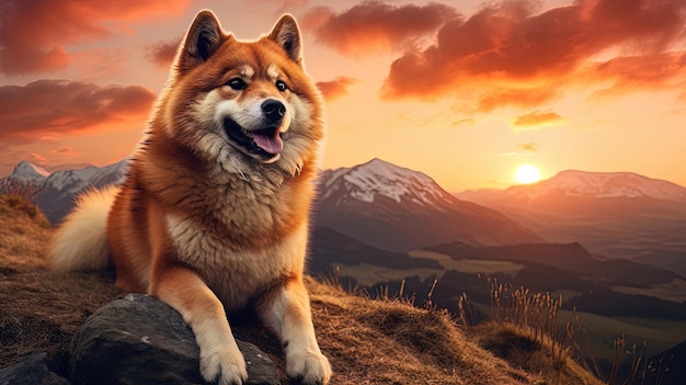 A beautiful red dog of the Shiba Inu breed on the background of a mountain landscape with a beautiful neon sunset Generative AI