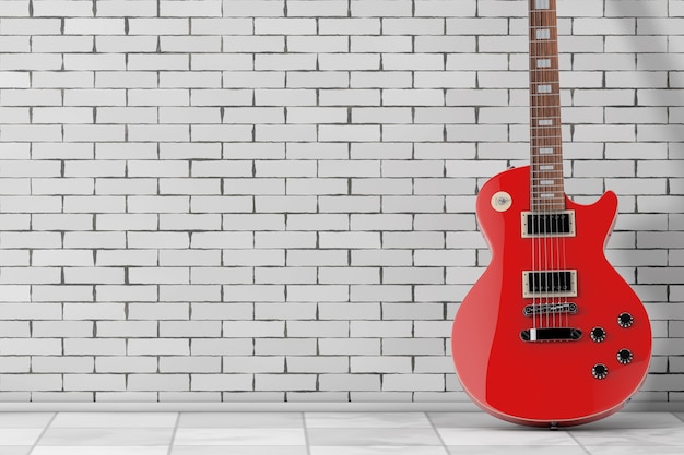 벽돌 벽 앞 복고 스타일의 아름다운 빨간 일렉트릭 기타. 3d 렌더링
