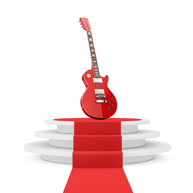 Beautiful Red Electric Guitar in Retro Style over Round White Pedestal with Steps and a Red Carpet on a white background. 3d Rendering