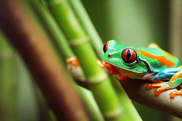 明るい緑色の背中を持つ美しい赤い目のアマガエル