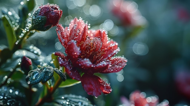 A Beautiful Red Flower Glistening with Water Droplets