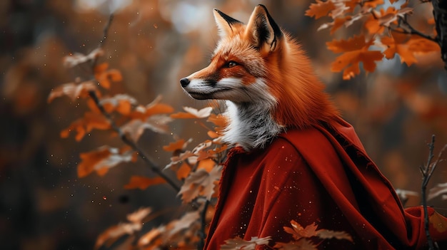 Photo a beautiful red fox stands in the middle of a forest the fox is wearing a red cloak and looking to the right