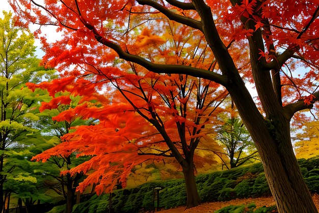 Beautiful red and green maple leaf on tree