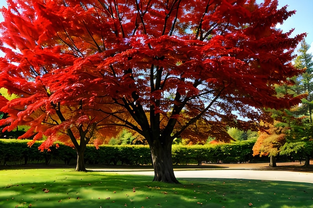 Beautiful red and green maple leaf on tree