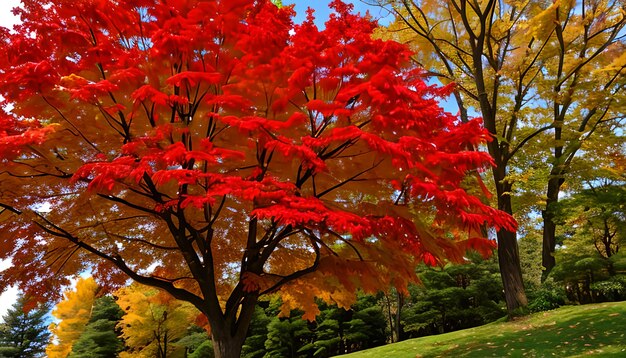 Beautiful red and green maple leaf on tree