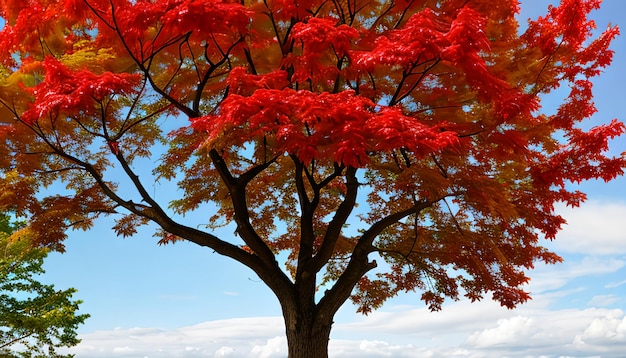 Красивый красный и зеленый кленовый лист на дереве