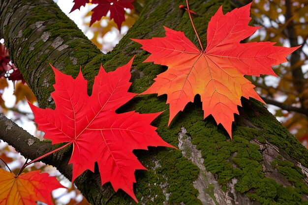 Beautiful red and green maple leaf on tree