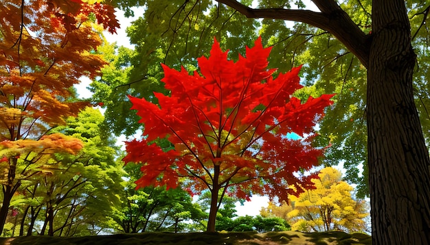 Beautiful red and green maple leaf on tree