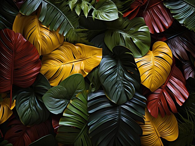 Beautiful red green yellow jungle of lush palm leaves Generative AI