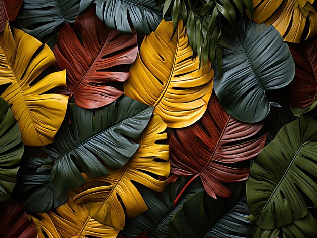 Beautiful red green yellow jungle of lush palm leaves Generative AI