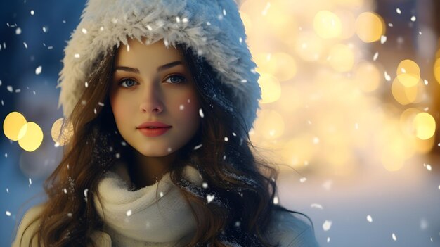 사진 뒷면 에 장식 된 크리스마스 트리 와 함께 부드러운 눈보라 에 포즈 를 취 하는 아름다운 빨간 머리 소녀
