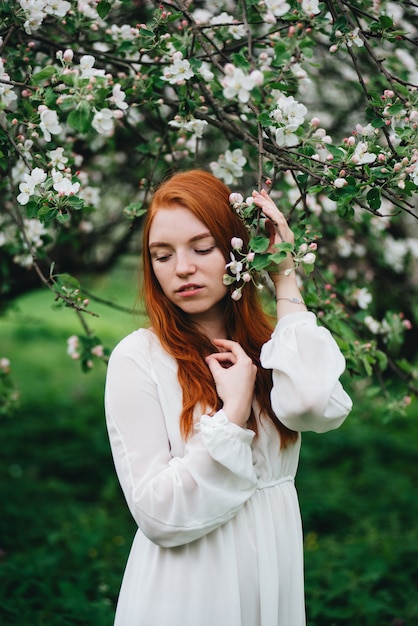 Bella ragazza dai capelli rossi in un abito bianco tra alberi di mele in fiore nel giardino.