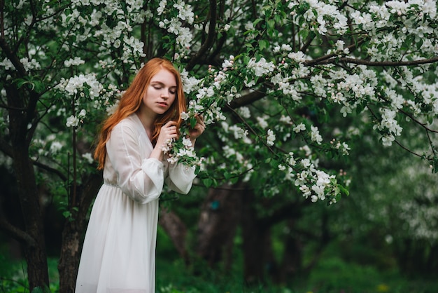 Bella ragazza dai capelli rossi in un abito bianco tra meli in fiore nel giardino