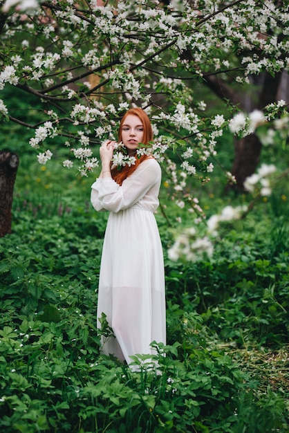 Beautiful red-haired girl in a white dress among blossoming apple trees in the garden 