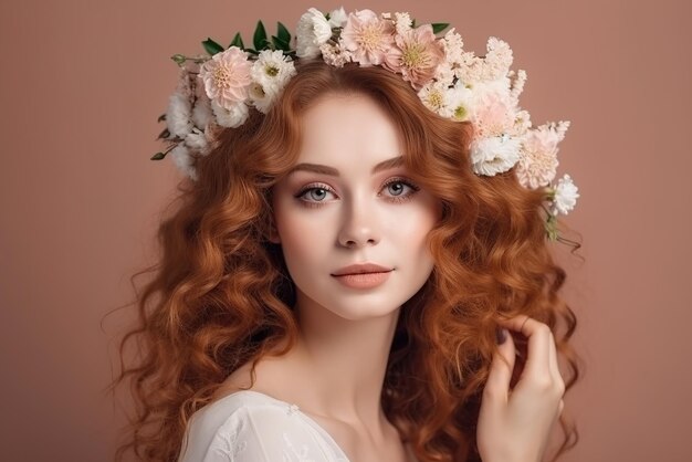 A beautiful red - haired girl with a wreath of flowers on her head is looking at the camera.