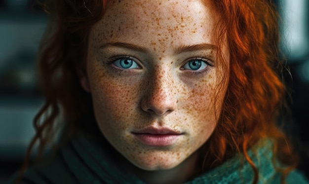 Beautiful red haired irish girl with blu eyes red hair and lots of freckles generative AI