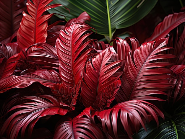 Beautiful red jungle of lush palm leaves Generative AI