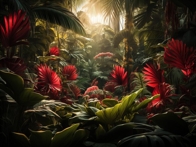 Photo beautiful red jungle of lush palm leaves generative ai